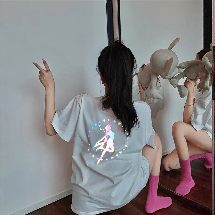 [kakamee] Korean version of beautiful girl warrior reflective loose short sleeve T-shirt s263# LSL