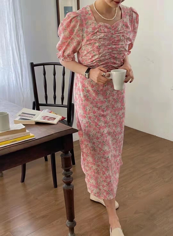 New in early summer! [baby] square neck floral Pleated Dress 8562# WTT
