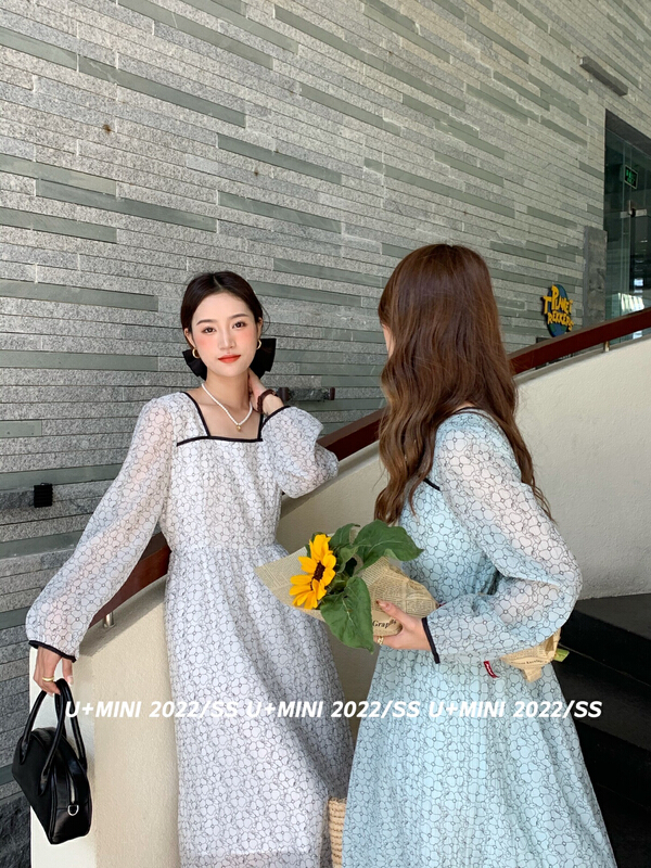 New year in early spring! [U + Mini] Korean version square neck floral waist dress d0511# jhy