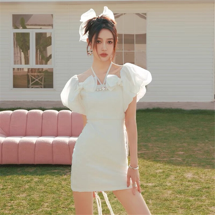 [Linna] Korean sweet bow bubble sleeve dress 124610# zxx