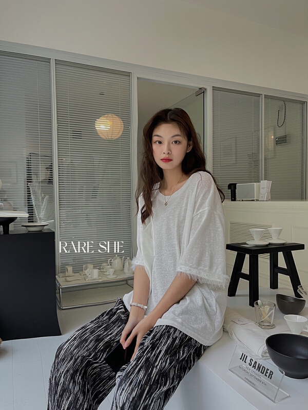 New year in early spring! [rare she] design simple cuffs combed wool short sleeve T-shirt 5036# LSW