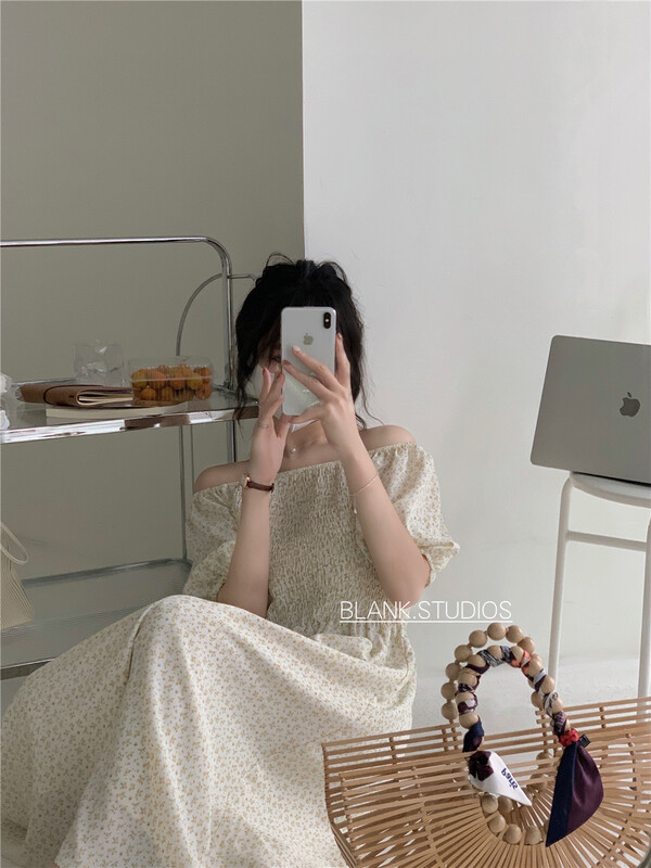 [I snow] Vintage Floral one shoulder bubble sleeve dress 512309# WPL