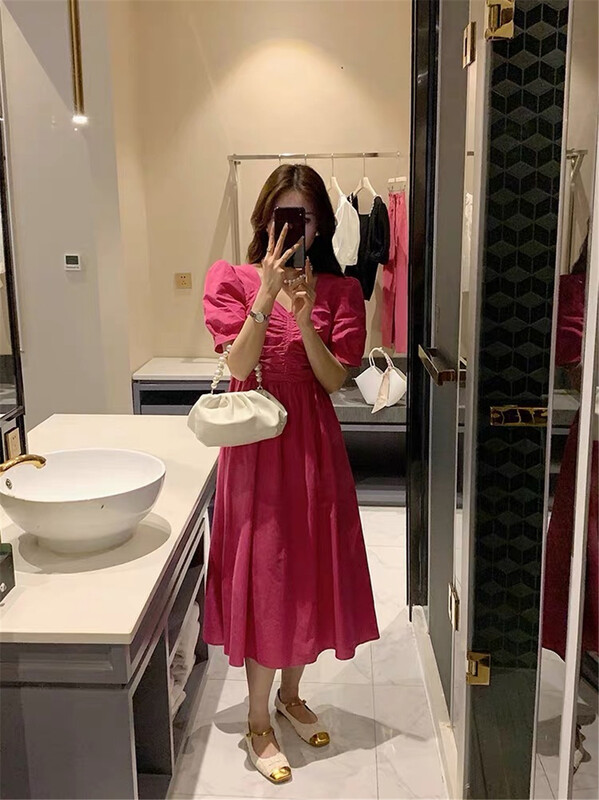 [water] French temperament bubble sleeve waist closing dress 6197# XYY