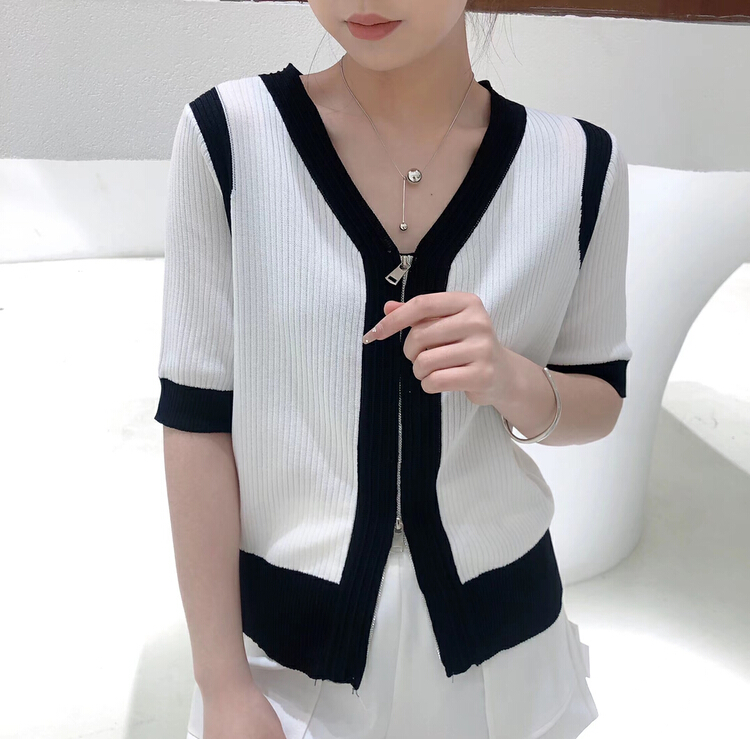 [S.J] foreign style short V-neck stitched double zipper knitted cardigan ys6802# LSW