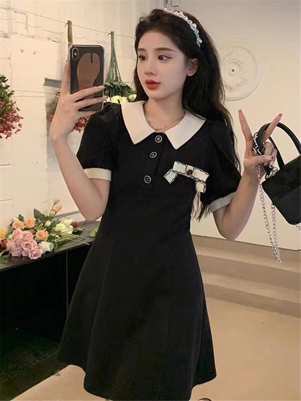 [neeko] little women's color blocked bubble sleeve dress 3599# PCZ