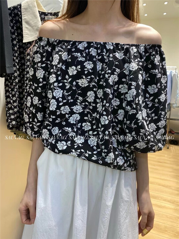 [sauvag] small fresh broken flower shoulder shirt c168# L