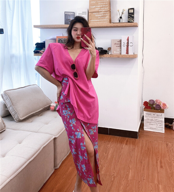 [sister] solid V-neck loose short sleeve T-shirt ys8-261# ozq