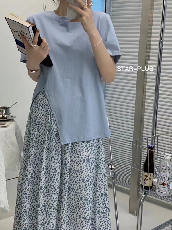 New in early summer! [star plus] Korean versatile slit short sleeve T-shirt 8570# LSW