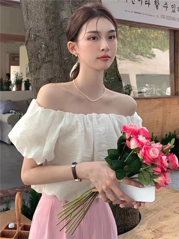 [millet +] straight neck off shoulder Bubble Sleeve Chiffon shirt 1011# WPL