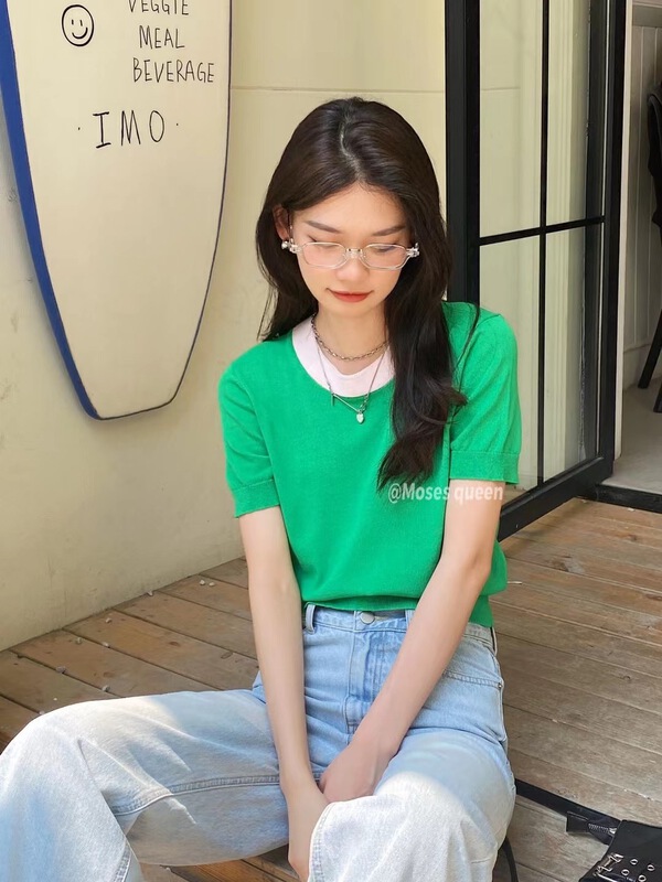 [moss queen] contrast versatile Crew Neck Shirt 59012# XYY