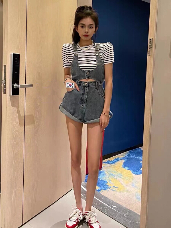 [M.H] Korean striped drawstring short sleeve T-shirt + denim overlay Vest + skinny Denim Shorts Set 8263# PCZ
