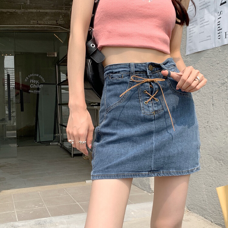 New in early summer! [four seasons] Vintage strap high waist denim skirt 8883# LSL