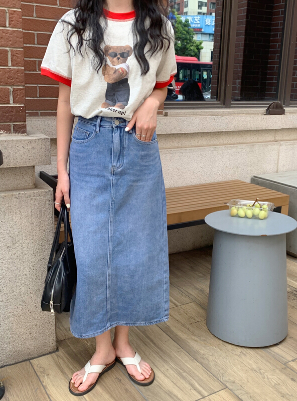 Mell style back slit denim skirt