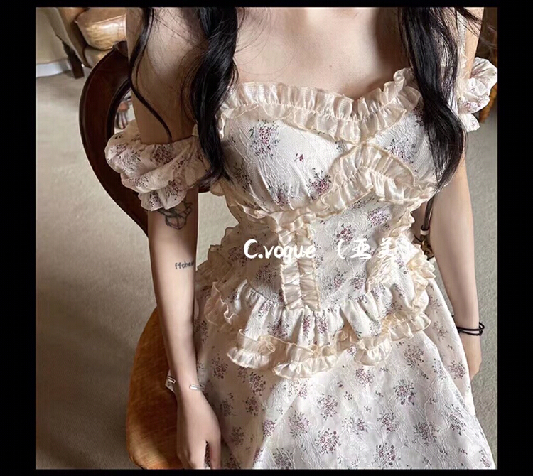 [c.vogue] gentle floral bubble sleeve suspender dress 28020# PCZ