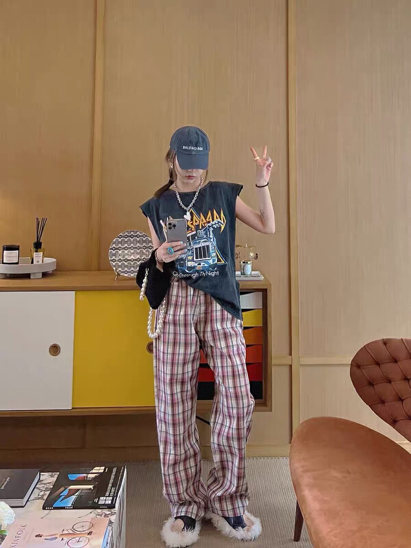 [meet] Korean fashionable Pink Plaid straight tube loose casual pants 88211# WTT