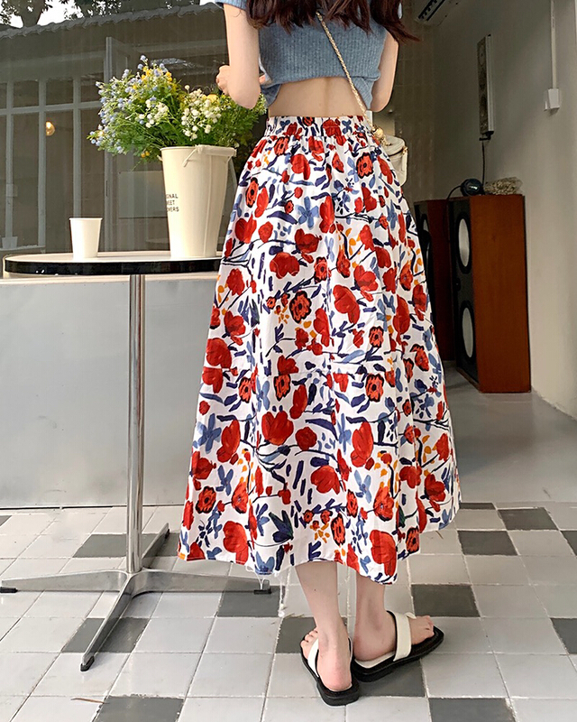 New in early summer! [four seasons] oil painting sweet printing high waist slim skirt 7065# LSL