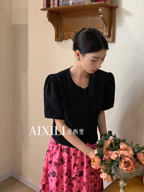 [aixili aisili] French temperament round neck bubble sleeve blouse 6369# WPL