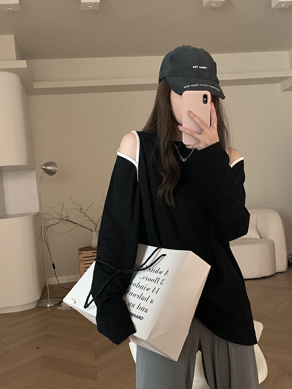[x · h studio] design sense contrast color off shoulder versatile loose long sleeve T-shirt 3161# ozq