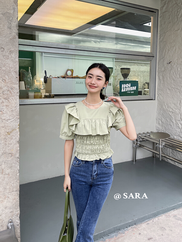 goods in stock! New year in early spring! [Sara] small shirt 16916# lwy with waistband and ruffled hem
