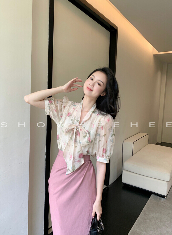 [xiuxixi] elegant print bandage shirt 9100# zxx