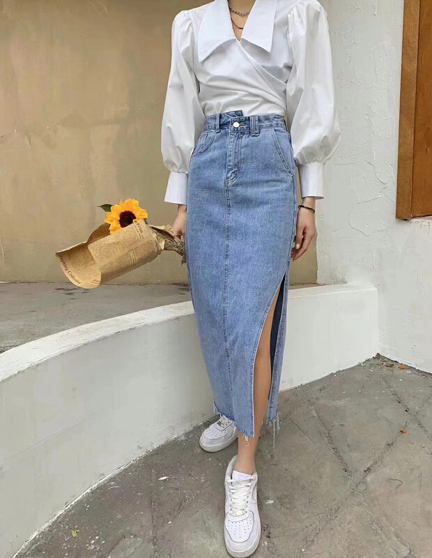 [Dido] slit irregular slim fitting denim skirt 6762# LSW