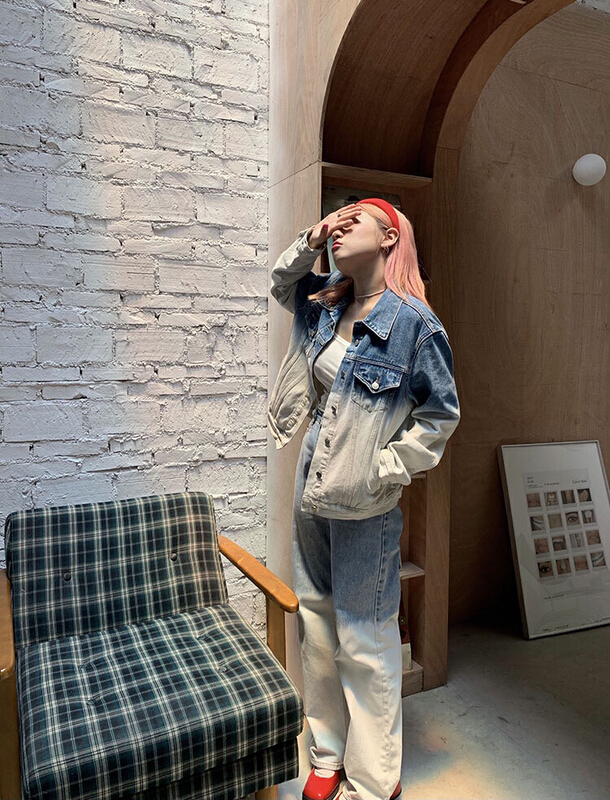 Early spring new! [onism. Design] fashionable temperament gradient long sleeve denim jacket on160# WTT