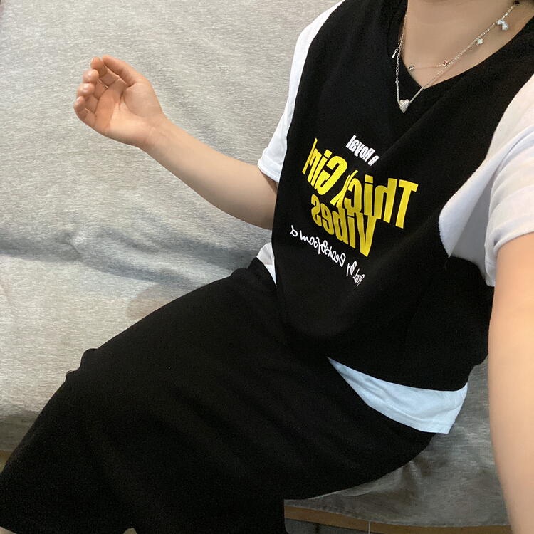 [Qijia +] Korean versatile short sleeved T-shirt + high waist slim skirt suit 7312# zyh
