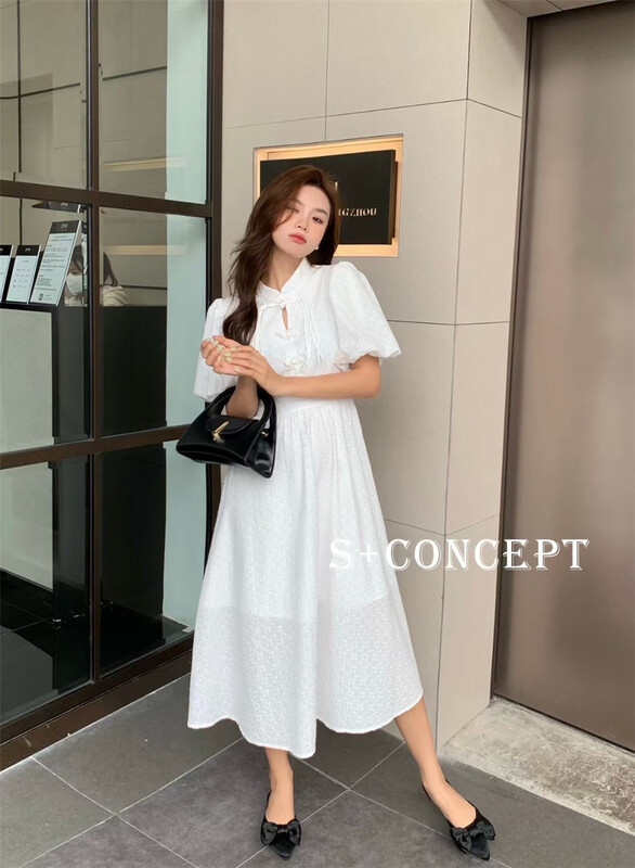 goods in stock! 【 S + 】 temperament lady coil buckle decorative stand collar dress 8702# cqw