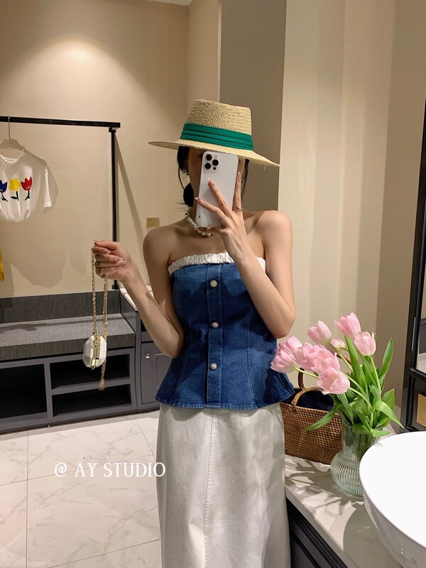 初夏上新!【AY STUDIO】韓版淑女抹胸式無袖牛仔襯衫  66829#  ZXX