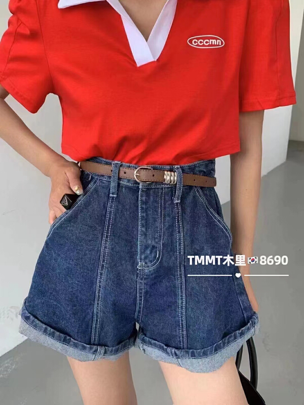 [Jiajia Muli] design high waist curled loose Vintage denim shorts (with belt) 8690# L