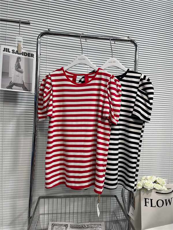 [lucky. Bibi] Korean loose bubble sleeve stripe dress ys1-1000# cqw