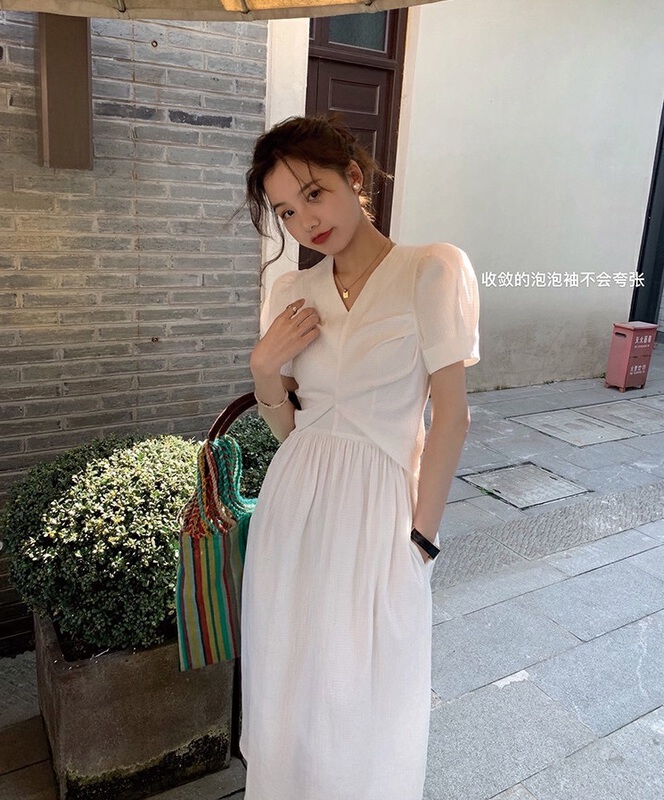 [come and see] French slim V-neck bubble sleeve waist closing dress ys1-025# JJ