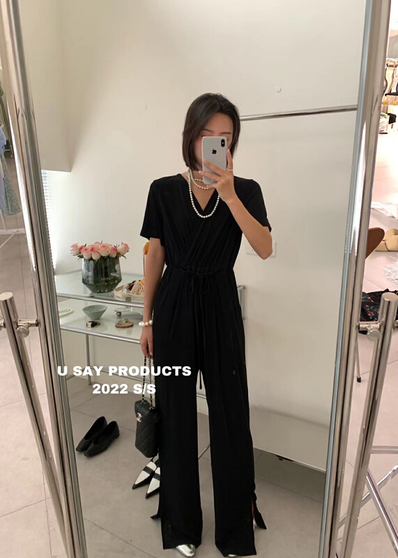 [u say] temperament V-neck versatile Jumpsuit (with waist rope) 65865# LSL