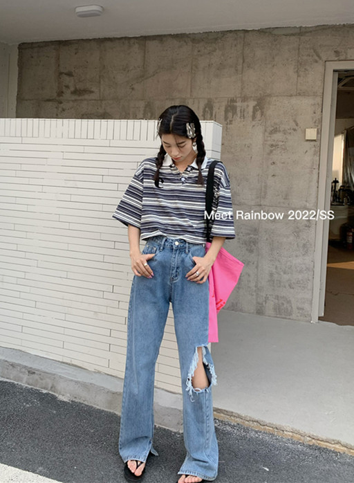 [Meet Rainbow] Korean Striped Polo neck short sleeve T-shirt 28689# LSL