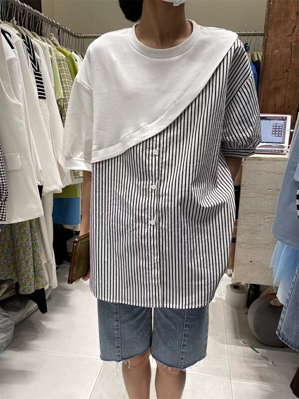 [dream fly] design stitched Striped Shirt Short Sleeve T-shirt 61138# XJ