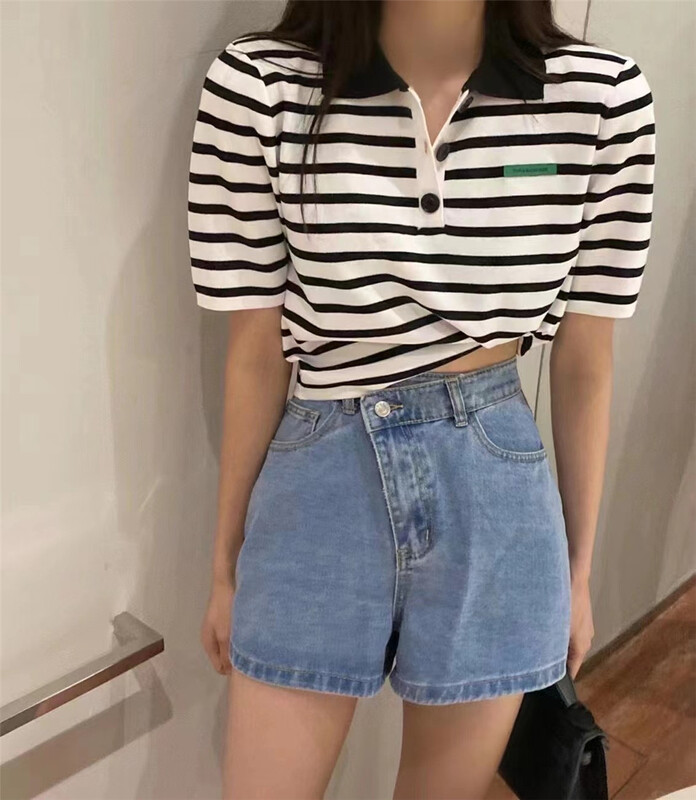 [an studio] slim Pullover striped short sleeve T-shirt 6619# ll