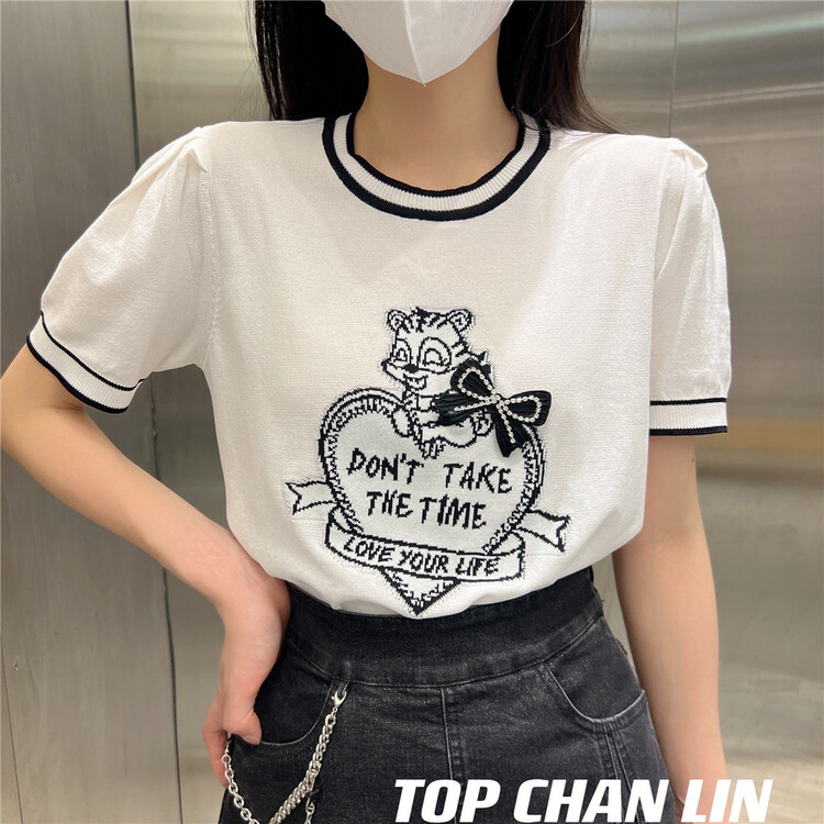 [top Chan Lin] heavy industry nail bead bow knot love kitten short sleeve sweater 95180# cqw