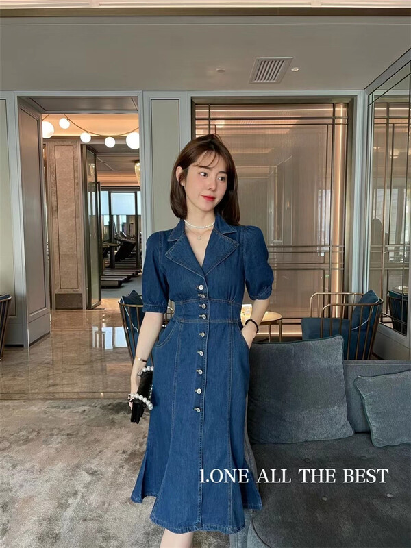 goods in stock! New in early summer! [1. One] Korean suit collar single breasted short sleeve waist closing dress 2251# WPL
