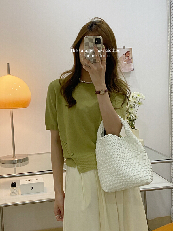 [C + home] Hanfeng oblique button small characteristic sweater 22223# HBx