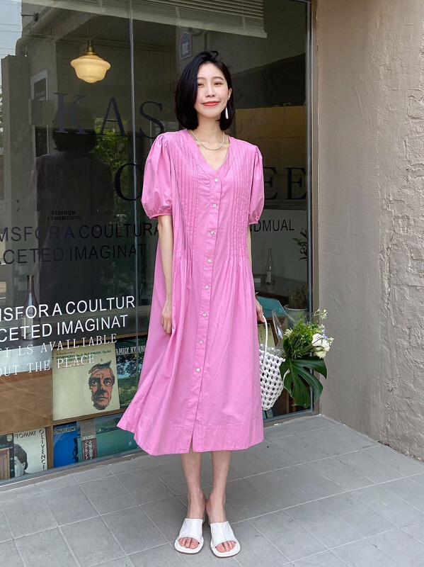[st] Korean simple V-neck single breasted dress 5183# XJ