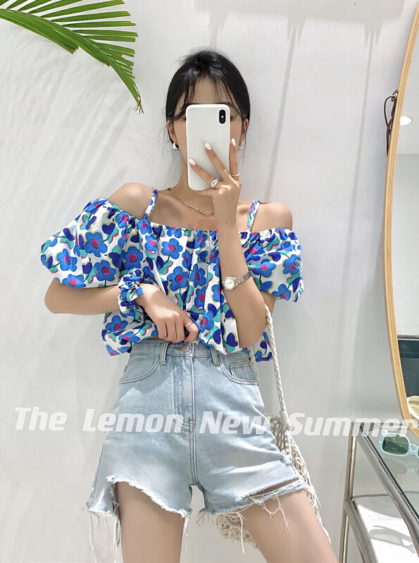 [lemon green tea] suspender shoulder off color contrast flower blouse (with headdress) 2170# hjy