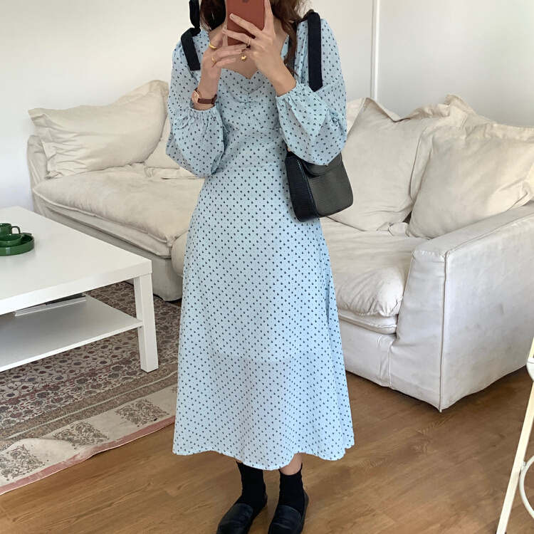 New year in early spring! [timely rain] French retro bowknot wave point square neck dress 56221-1# YYW