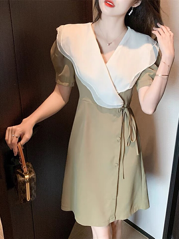 [Hello] lotus leaf collar contrast color splicing medium length dress ys-6318# lwy