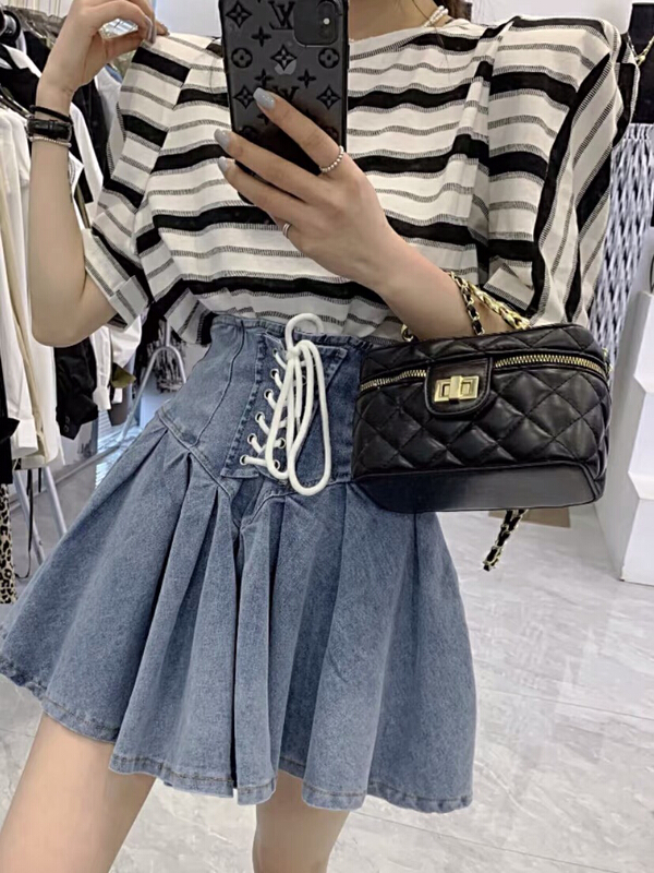 New in early summer! [Danling] Hong Kong style retro pleated high waist thin denim skirt 1028# PCZ