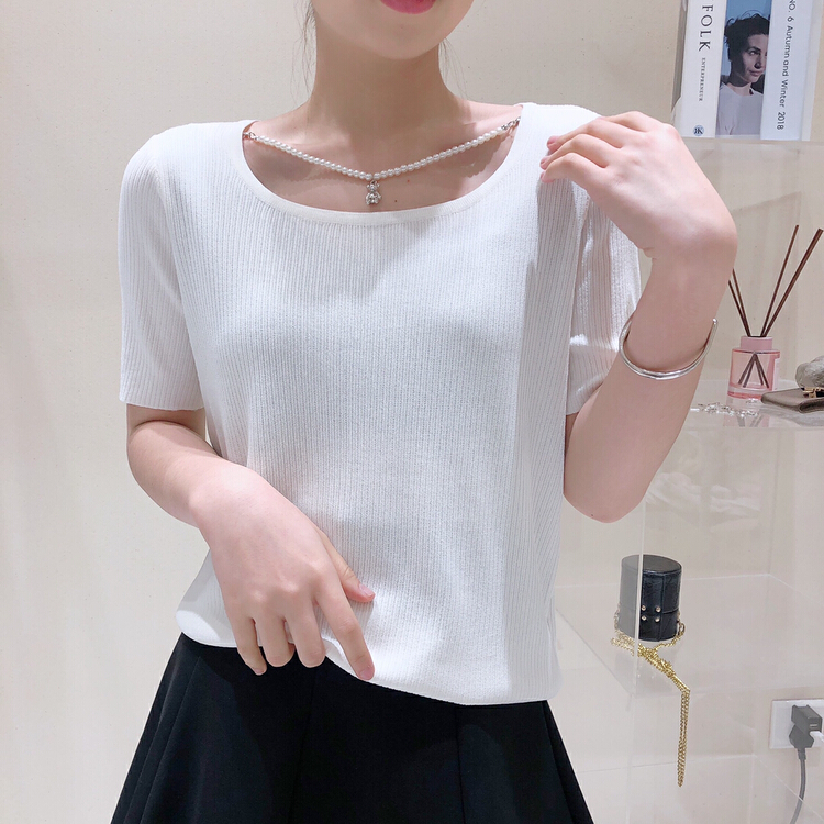 New in early summer! [S.J] inside lap design round neck thread cotton sweater (with chain) 6828# LSW