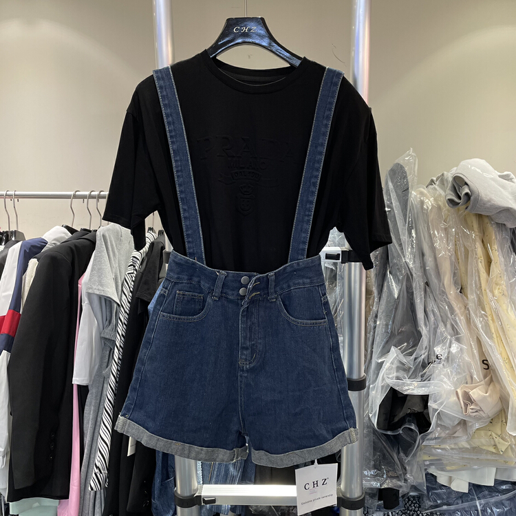 New in early summer! [c.h.z] versatile slim high waist crimped denim strap pants (detachable with strap) 20321# WTT
