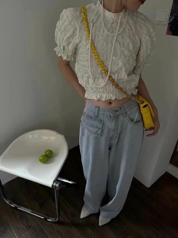 [mix] Korean version bubble sleeve texture solid color Pullover blouse (only selling blouses) 0163# WTT