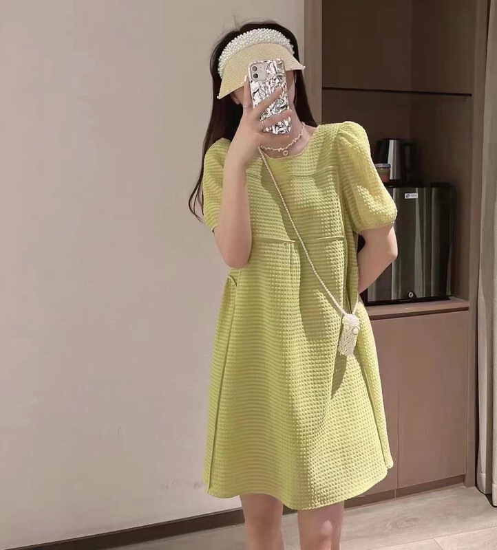 [rosy clouds flying] round neck bubble sleeve lady dress (with bag) 8629# HBx