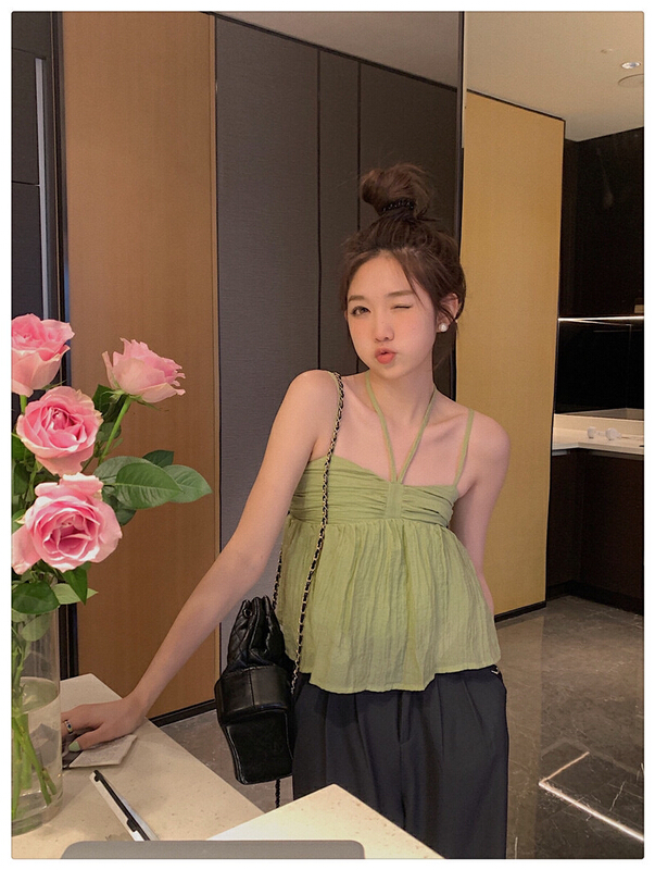 goods in stock! Early spring new! [timely rain] Han Feng ins new spice girl sweet lace up two-piece vest / suspender 21457# WPL