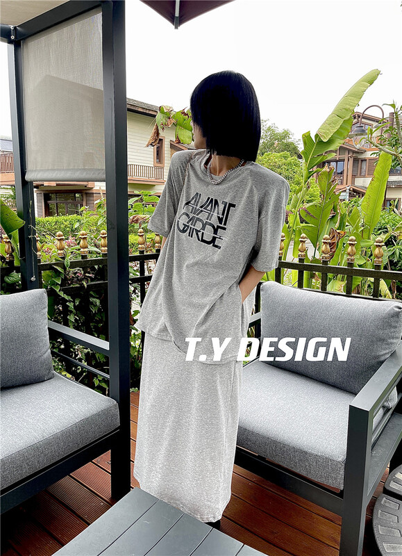 [T.Y tangyuanjia] letter loose T-shirt + elastic waist casual skirt set 2069# ozq